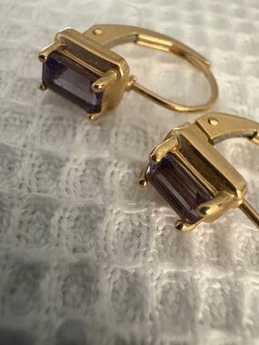 Gold Amethyst Lever-back Earrings with Rectangular Stones